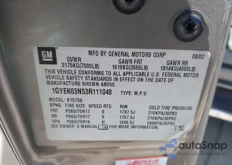 2003 Cadillac Escalade Standard из США, поврежденный, VIN 1GYEK63N53R111048